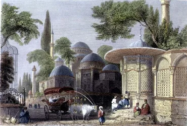 Fontæne og moske i Chahzade, indgraveret af Roberts Sands (1792-1855) ca. 1850 (akvatinte)
