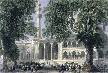 Yeni Djami, eller Sultana Valide-moskeen, Istanbul, indgraveret af J.C. Varrall, ca. 1850 (akvatinte)