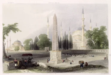 En egyptisk obelisk på Atmeidan, eller Hippodromen, Istanbul, graveret af G. K. Richardson, ca. 1850