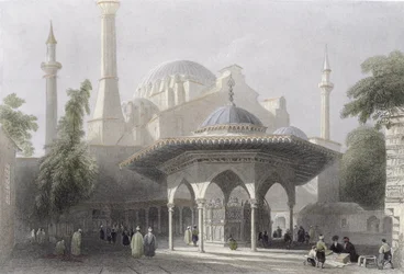 Hof og fontæne af St. Sophia, Istanbul, indgraveret af J. Redaway, ca. 1850 (akvatint)