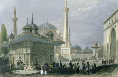 Fontæne og plads i St. Sophia, Istanbul, indgraveret af T. Higham, ca. 1850 (akvatint)