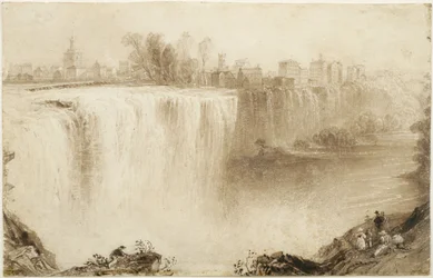Genesee Falls, Rochester, New York: Study for an Engraving, 1836 (vask med brun blæk med ridser ud på papir)