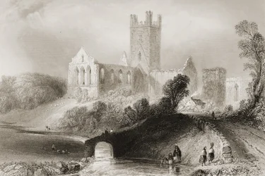 Jerpoint Abbey, Kilkenny County, Irland, fra "Scenery and Antiquities of Ireland" af George Virtue, 1860