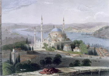 Moske og Suleimans grav, ca. 1850 (akvaratint i farver)