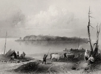 Navy Island, Niagara River, Ontario, Canada, indgraveret af Charles Coulson (1815-89)