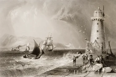 South Wall Lighthouse med Howth Hill i det fjerne, Dublin, fra 