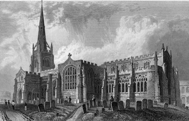 Thaxted Church, Essex, graveret af Robert Sands, 1831
