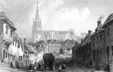 Thaxted fra syd, Essex, graveret af J. Rolph, 1832