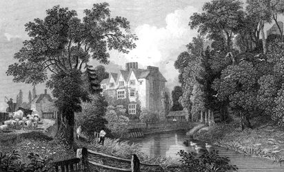 Grøften ved Ongar Castle og Castle House, Essex, graveret af Henry Wallis, 1832