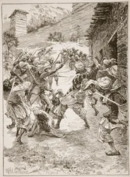 Løjtnant Harley, i spidsen for fyrre sikher og tres kashmirere, styrtede huset over minens munding, illustration fra "Battles of the Nineteenth Century" af Archibald Forbes, G.A. Henty an