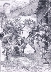 Løjtnant Harley leder sorten fra Fort Chitral, illustration fra Cassells History of England, 1900-tallet