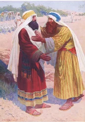 Mødet mellem Jakob og Esau, fra Bibelens billedbog udgivet af Thomas Nelson, ca. 1950