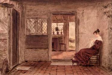 Sommerhusinteriør med pigesyning, ca. 1828 (akvarel på papir)