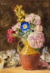Blandede blomster i en brun og fawn kande, ca. 1860