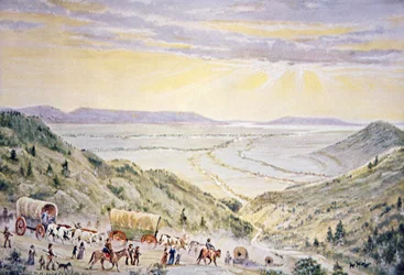 Mormoner, der stiger ned i Little Mountain til Salt Lake City, Utah (farve litho)