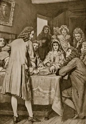 Paterson forklarer Darien-ordningen i Edinburgh, 1694, illustration fra 
