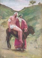 Den barmhjertige samaritan, fra Bibelens billedbog udgivet af Thomas Nelson, ca. 1950