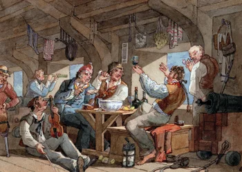 Sømænd, der drikker på skibets nederste dæk, scene med violinist og piberyger, linned, der ligger på et reb, og udstyr om bord (sværd, gevær, kanon, lampe)