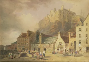 Edinburgh Castle fra Grass Market, der viser Little West Port, ca. 1820 (wc og sepia)