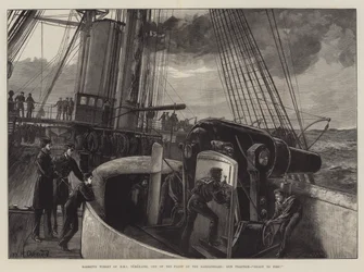 Barbette Turret fra HMS Temeraire, en af flåden ved Dardanellerne, våbenøvelse, klar til at skyde!