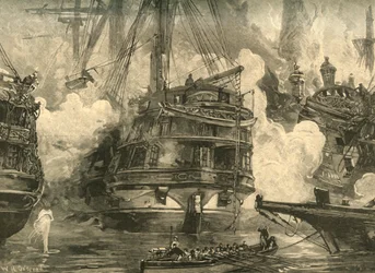 Slaget ved Navarino: HMS Asia engagerer skibene Capitan Bey og Moharram Bey, 1827 c1890.