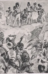 Carmichaels tilhængere affyrede en salve ind i den tætte klynge af mænd: Slaget ved Bharatpur 1826 , illustration fra British Battles on Land and Sea , 1915