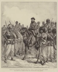 General Ghous-ud-din Khan, kommandør for de afghanske tropper i Penjdeh, med sine afghanske soldater