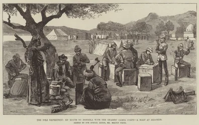 Nilekspeditionen, på vej til Dongola med vagternes kamelkorps, stop ved Akasheh