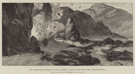 Indiens nordvestlige grænse, laver en vej i Bolan-passet, sprænger sten