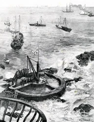 Prinsen af Wales og hertugen af Edinburgh lægger grundstenen til det nye Eddystone fyrtårn, illustration fra 