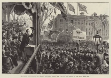 Ulster-demonstrationen i Belfast, procession forbi Mr Balfour og afbrænding af hjemmestyreloven