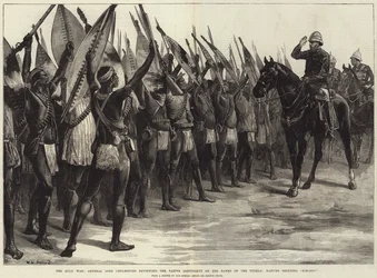 Zulu-krigen, general Lord Chelmsford gennemgår det indfødte kontingent på bredden af Tugela, indfødte råbte H-H-Ooo!