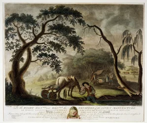 Hørren tages op af mosen, tavle III fra Irlands linnedmanufaktur, 1791