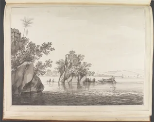 Udsigt over en isoleret klippe i floden Ganges ved Jangerah [Jahangira]