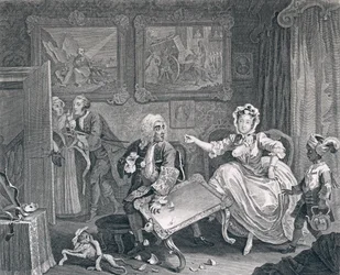 En skøges fremskridt, plade to: skænderier med hendes jødebeskytter, 1732 (ætsning og gravering)