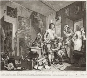 A Rake?s Progress, Tavle 1: The Rake Taking Possession of his Estate / Der Weg eines Liederlichen, Blatt 1: Die Erbschaft. 1735