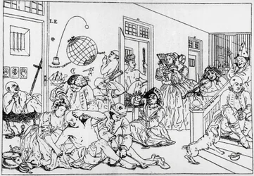 Bedlam mental institution, gravering fra serieraks fremskridt, af William Hogarth (1697-1764)