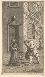 Hudibras bejler til enken Sytten små illustrationer til Samuel Butlers Hudibras..., 1721-26.