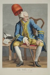 John Wilkes Esq., illustration fra "Hogarth Restored: The Whole Works of the celebrated William Hogarth, re-engraved by Thomas Cook", pub. 1812 (håndkoloreret gravering)