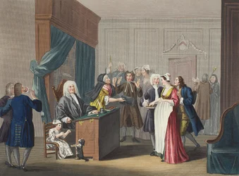 Retfærdigheden sejrer, illustration fra "Hogarth Restored": The Whole Works of the celebrated William Hogarth, re-engraved by Thomas Cook", pub. 1812 (håndkoloreret gravering)