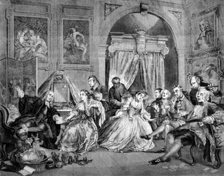 Marriage in Fashion (Marriage in Fashion): serie af 6 satiriske tavler om brylluppet af velhavende mennesker. Få ham op. Gravering af William Hogarth (1697 - 1764). 1745.