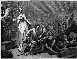 Plade taget fra en serie på 12 graveringer af William Hogarth (1697-1764), britisk illustrator, med titlen "Industry and Idleness", "" Zele and laziness"", der fortæller om karrieren for to lærlinge: Thomas Idle, skyldig i sine laster, var holdt i en værts