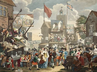 Southwark Fair, 1733, illustration fra "Hogarth Restored: The Whole Works of the celebrated William Hogarth, re-engraved by Thomas Cook", pub. 1812 (håndkoloreret gravering)