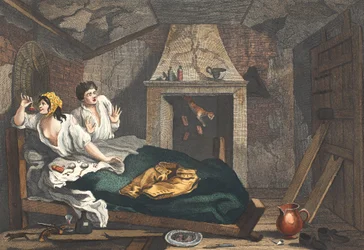 Den ubeskæftigede "Prentice Returned from Sea, and in a Garret with a common Prostitute", planche VII af "Industry and Idleness, illustration fra "Hogarth Restored: The Whole Works of the celebrated William Hogarth
