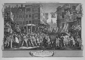 Den flittige Prentice Lord-Mayor of London - Plade 12 fra Industry and Idleness, 1747