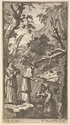 The New Metamorphosis, Plade 7: The Cardinal, a Eremit and Donna Angela Holding Fantasio, 1724.