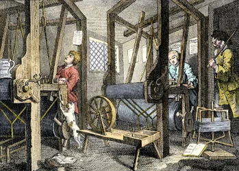 Værksted og arbejder med vævemateriale i Spitalfields, England