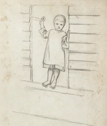 Pige i en Pinafore, stående på en vinduesafsats, ca. 1868 - 1869 (grafit på papir)