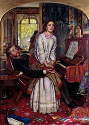 Den opvågnende samvittighed. En ung kvinde i synd springer pludselig op, plaget af en åndelig åbenbaring, og søger at undslippe sin elskers arme. Maleri af William Holman Hunt (1827-1910)