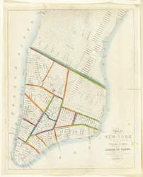 Kort over byen New York [så langt nordpå som East 53rd Street], 1885 (sort blæk, med håndfarvning, på papir)